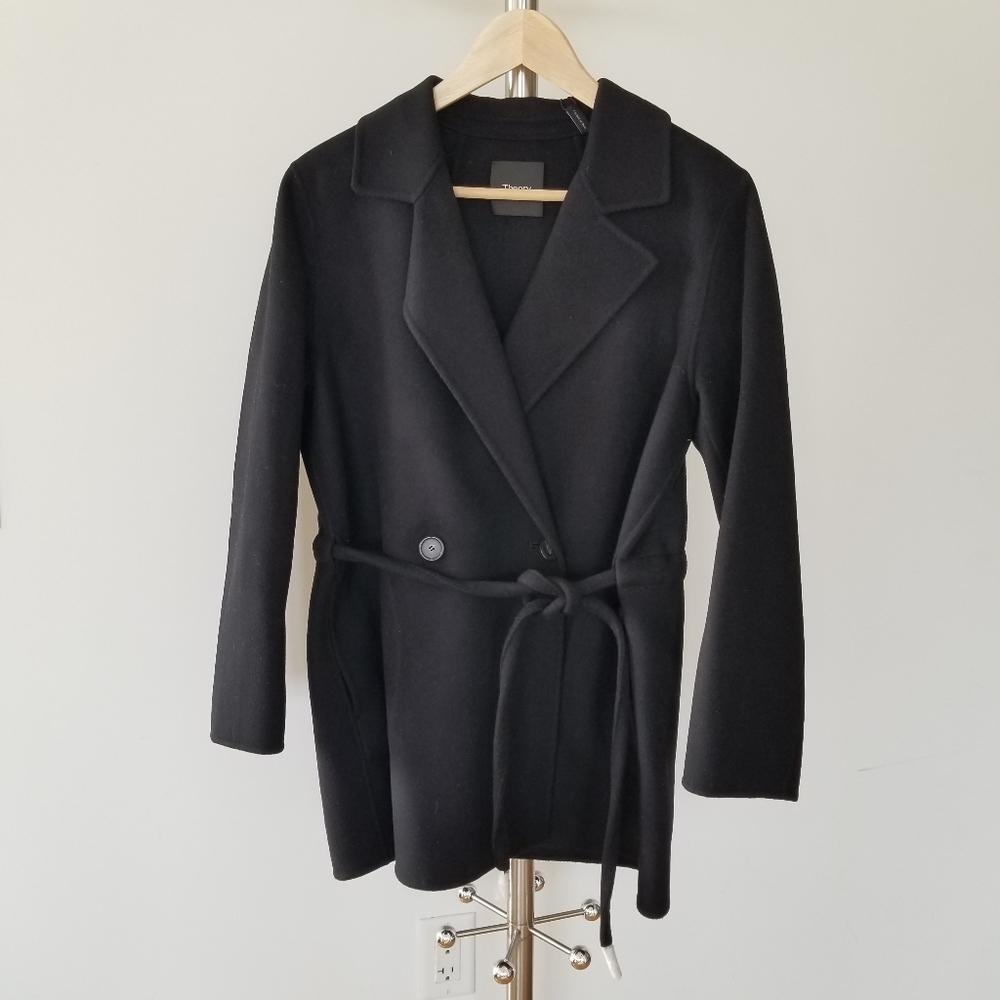 NWT Clairene D Black Wool Cashmere Tie-Waist Jacket Coat, S